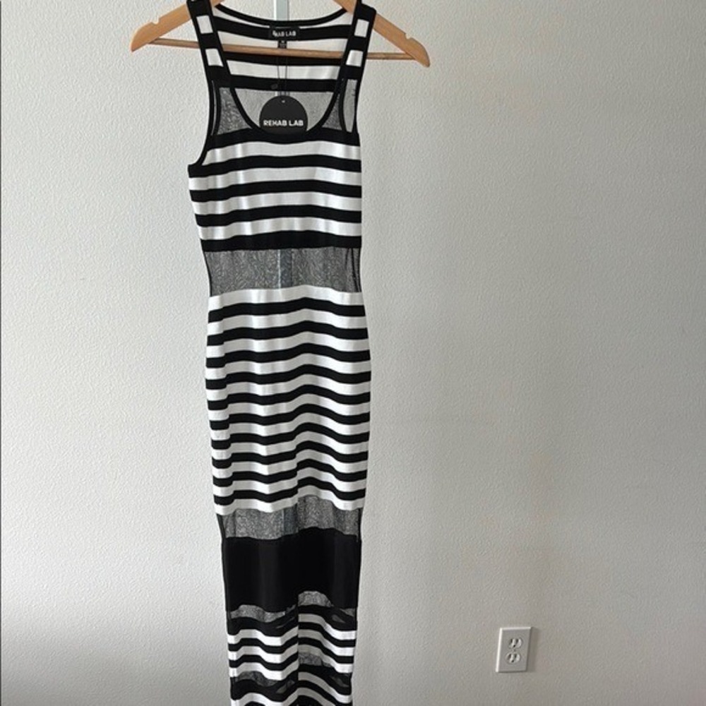 NWT Mesh Panel Dress M Y2K Black White Striped Bodycon Festival Streetwear Glam - Picture 11 of 16
